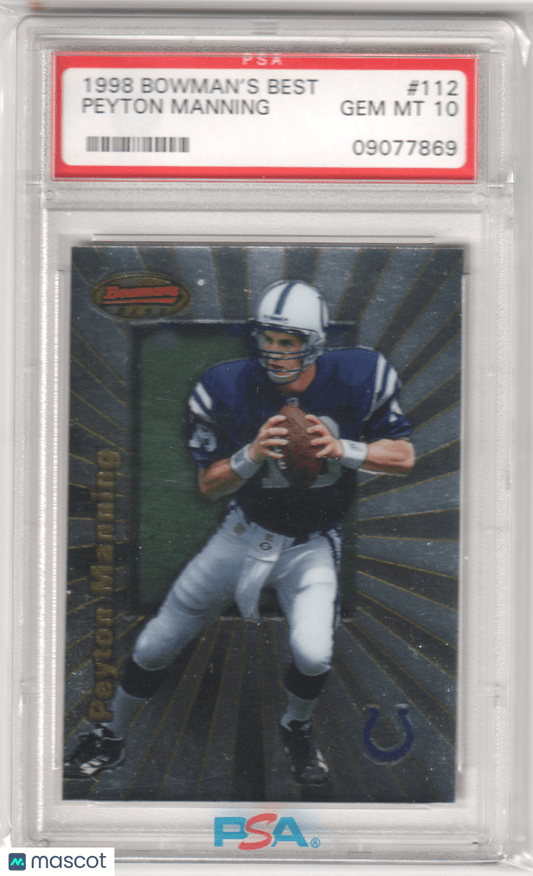 PEYTON MANNING 1998 Bowman's Best RC Rookie 112 PSA 10 GEM MINT - COLTS - Columbia Hobby - Sports Card Boxes - Toploaders - Card Savers