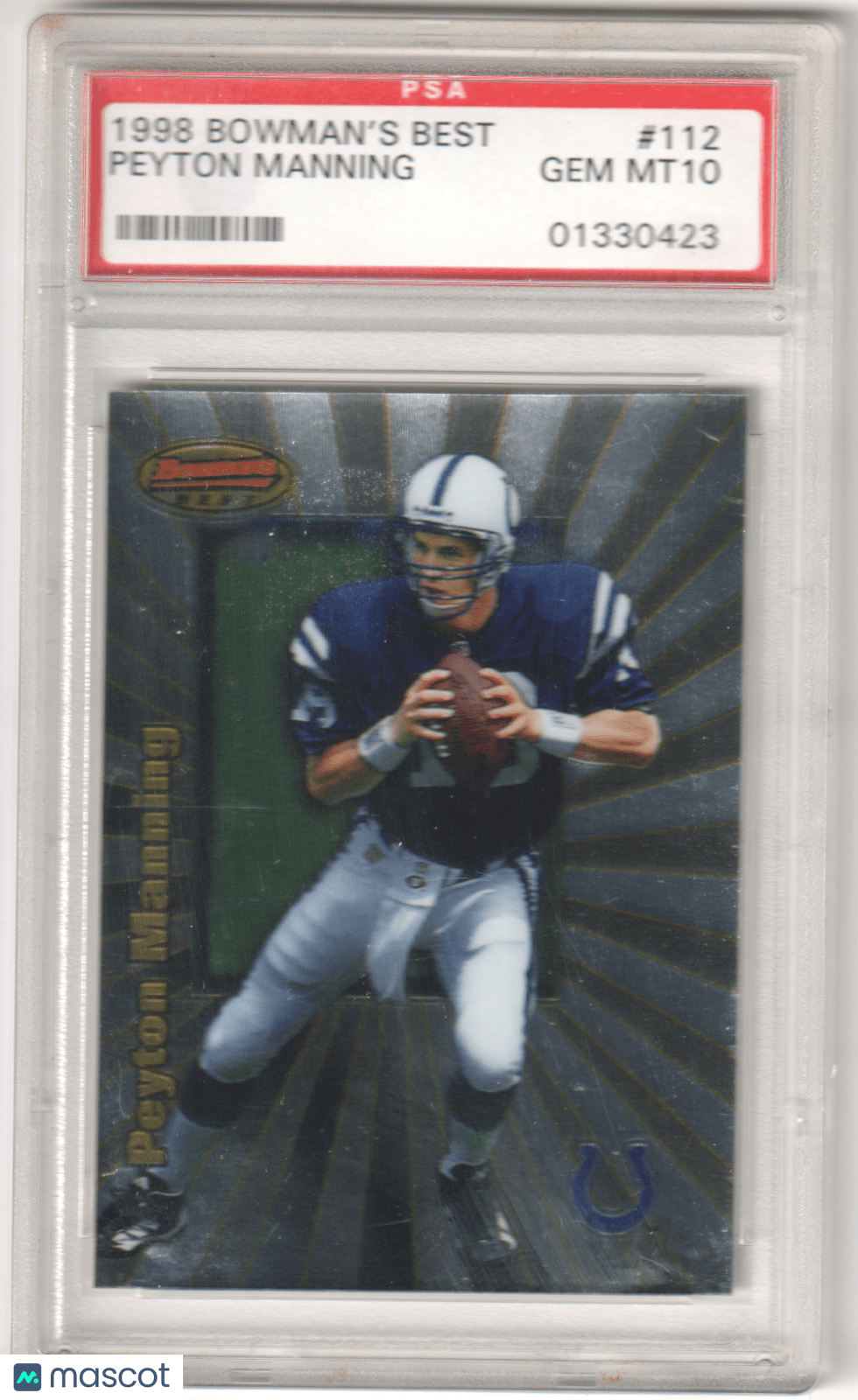 PEYTON MANNING 1998 Bowman's Best RC Rookie 112 PSA 10 GEM MINT - COLTS - Columbia Hobby - Sports Card Boxes - Toploaders - Card Savers