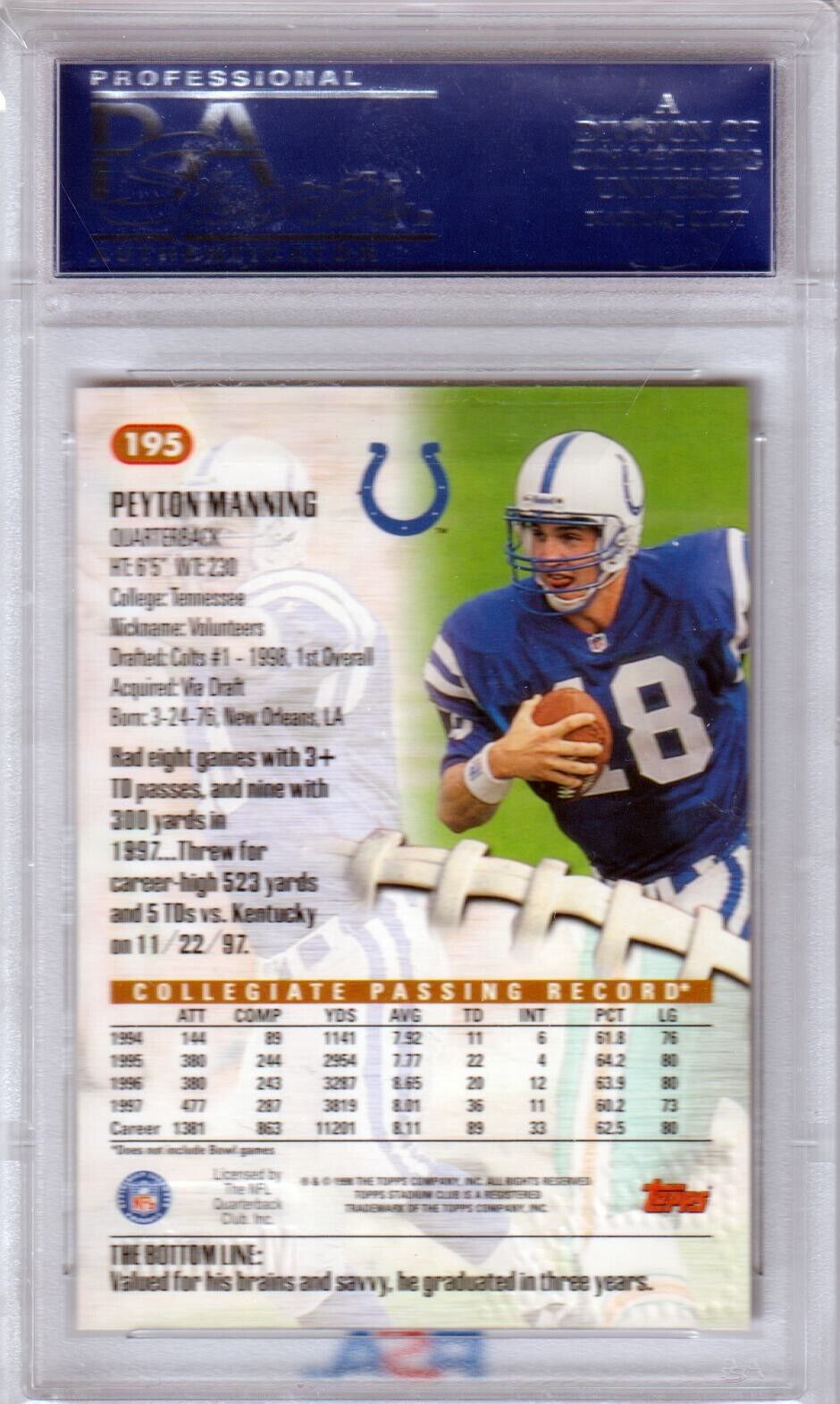 PEYTON MANNING 1998 Stadium Club RC Rookie #195 PSA 10 GEM MINT - COLTS - Columbia Hobby - Sports Card Boxes - Toploaders - Card Savers