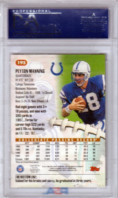 PEYTON MANNING 1998 Stadium Club RC Rookie #195 PSA 10 GEM MINT - COLTS - Columbia Hobby - Sports Card Boxes - Toploaders - Card Savers