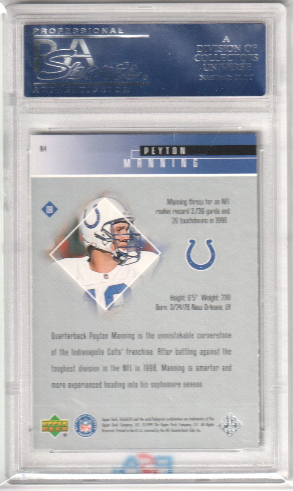 PEYTON MANNING 1999 Upper Deck Hologrfx 24/7 N4 NFL PSA 10 GEM MINT - Columbia Hobby - Sports Card Boxes - Toploaders - Card Savers