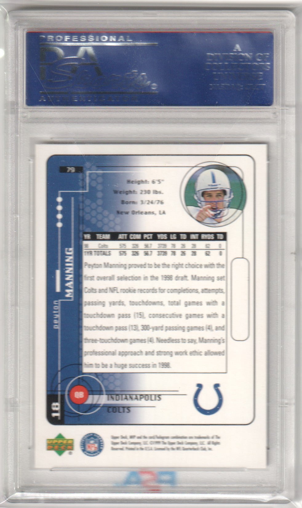 PEYTON MANNING 1999 Upper Deck MVP 79 PSA 10 GEM MINT - COLTS - Columbia Hobby - Sports Card Boxes - Toploaders - Card Savers