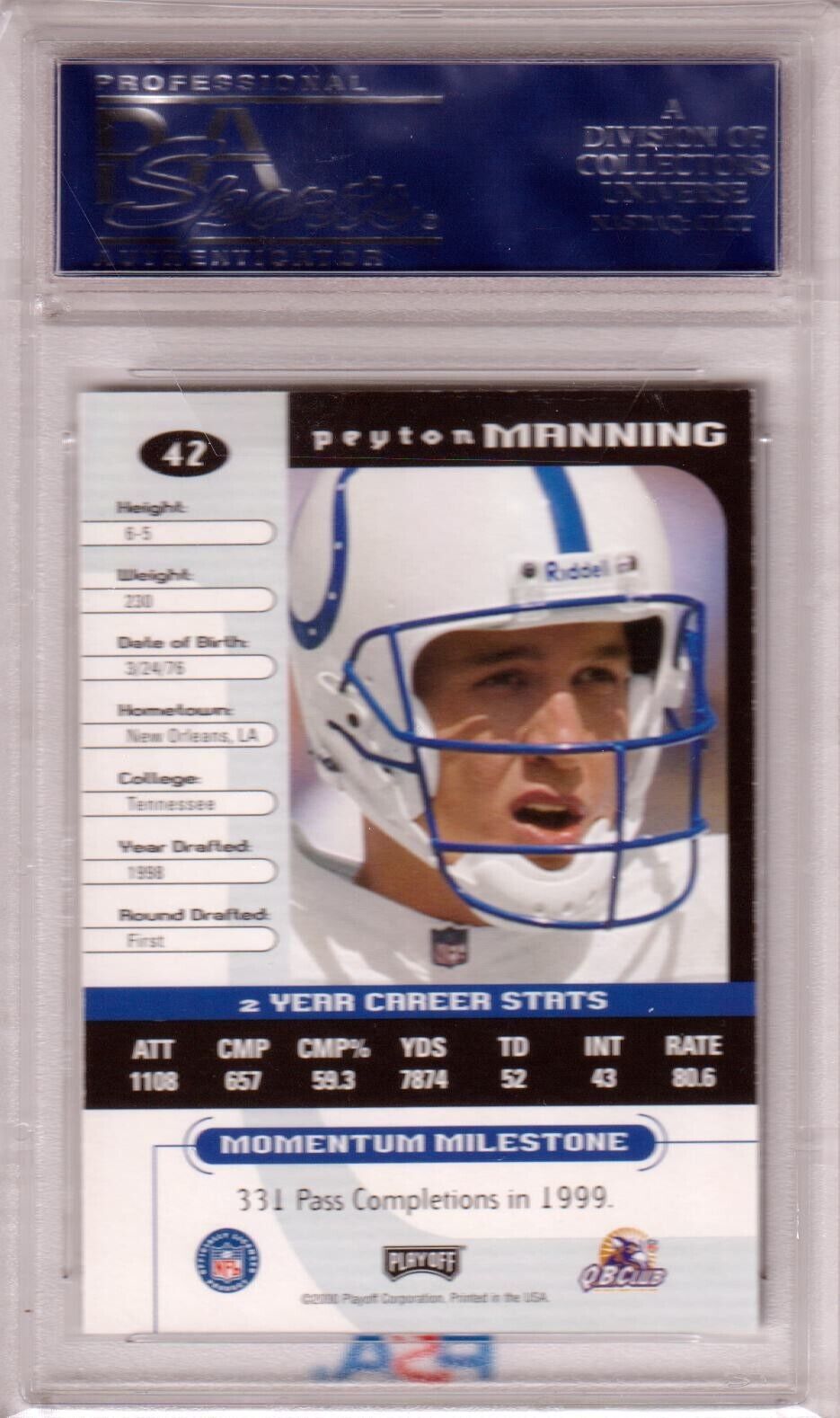 PEYTON MANNING 2000 Playoff Momentum #42 PSA 10 GEM MINT - COLTS POP 9 - Columbia Hobby - Sports Card Boxes - Toploaders - Card Savers