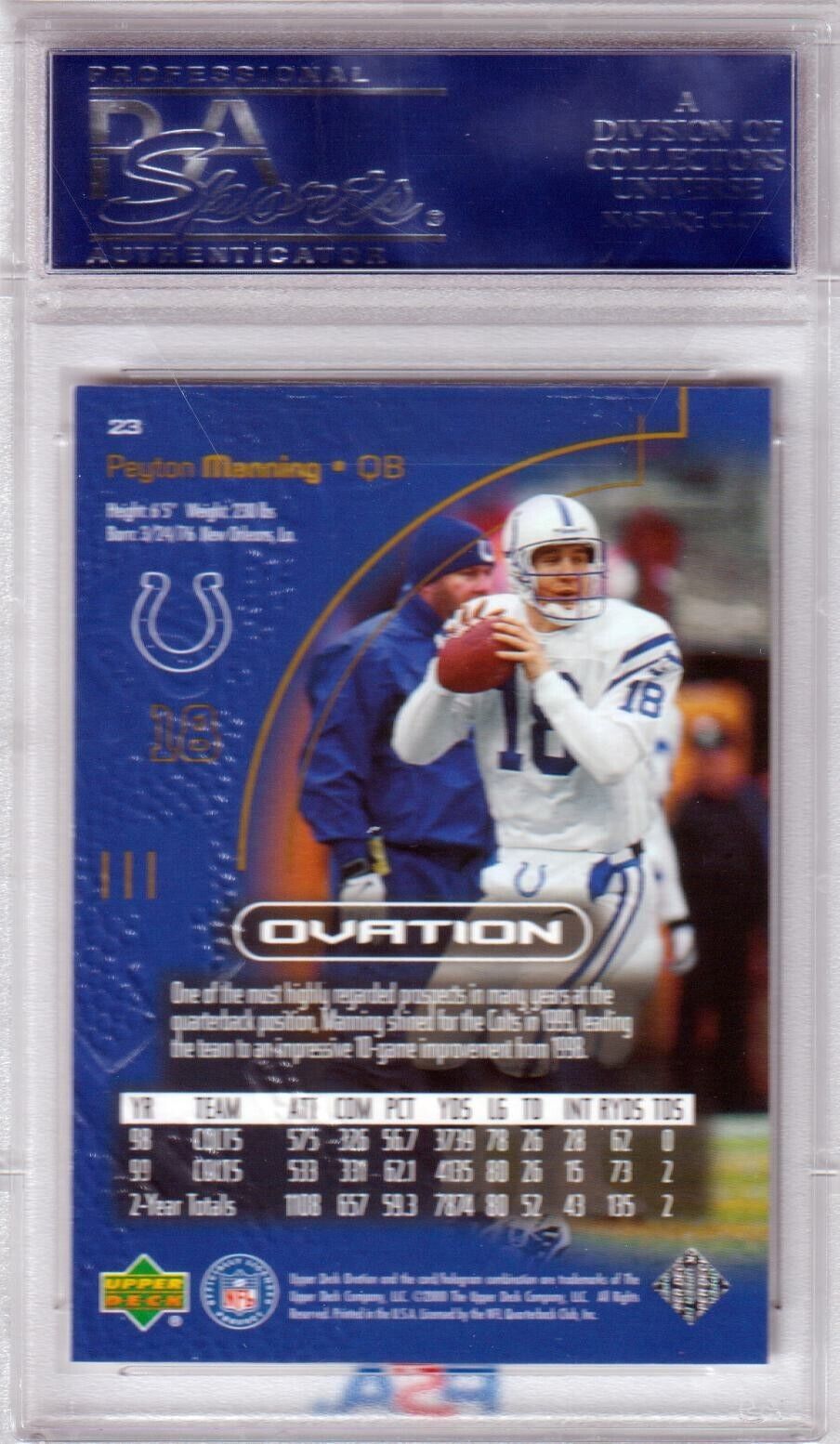 PEYTON MANNING 2000 Upper Deck Ovation #23 PSA 10 GEM MINT - COLTS POP 23 - Columbia Hobby - Sports Card Boxes - Toploaders - Card Savers