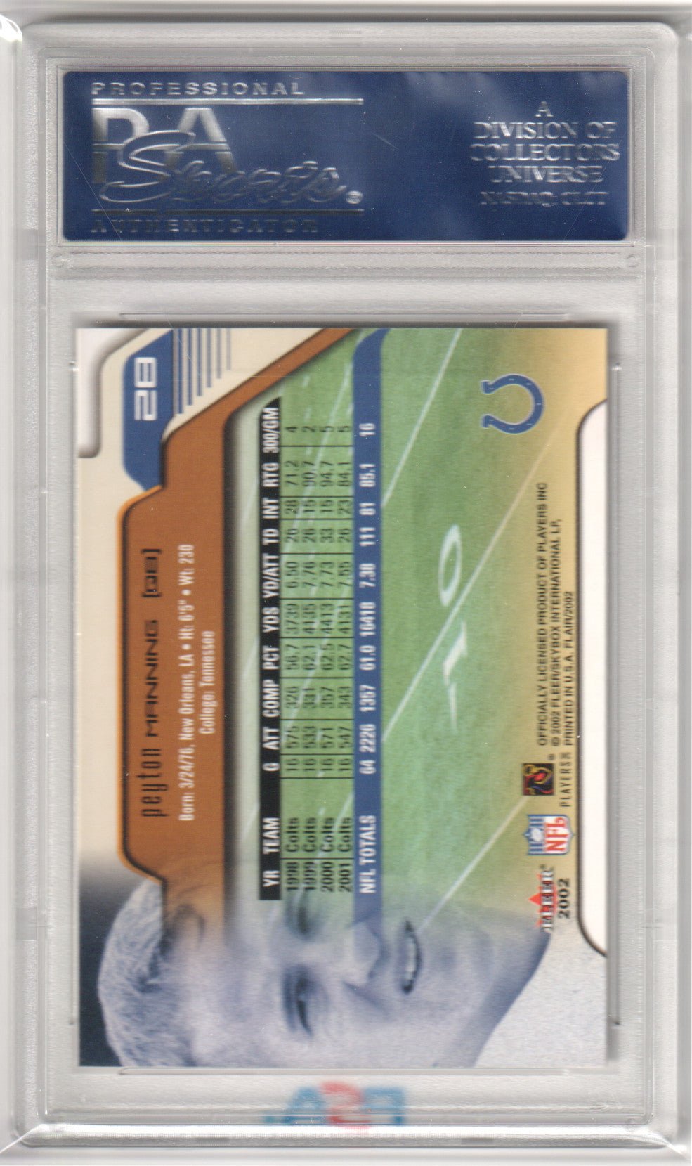 PEYTON MANNING 2002 Fleer Flair 28 PSA 10 GEM MINT - COLTS Pop 2 - Columbia Hobby - Sports Card Boxes - Toploaders - Card Savers