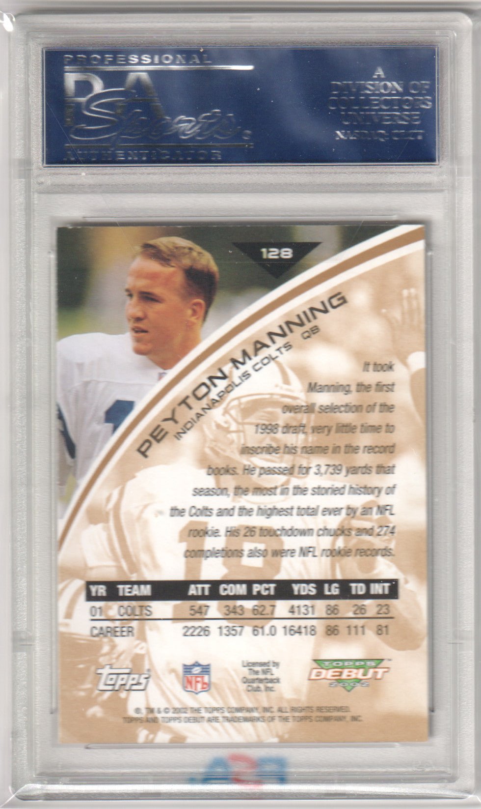 PEYTON MANNING 2002 Topps Debut 128 PSA 10 GEM MINT - COLTS - Columbia Hobby - Sports Card Boxes - Toploaders - Card Savers