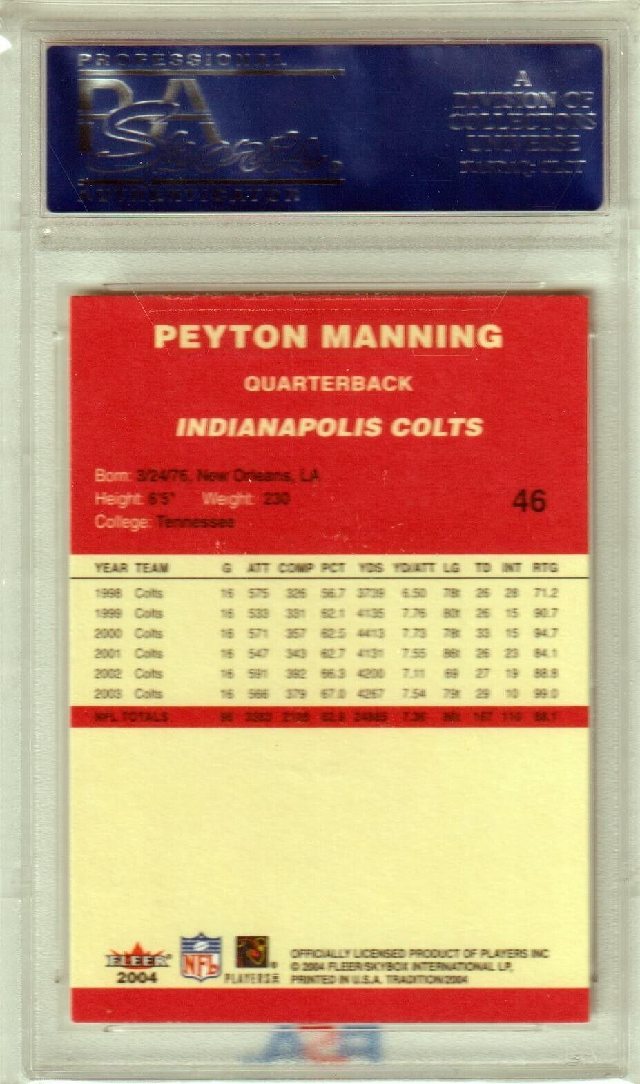 PEYTON MANNING 2004 Fleer Tradition #46 PSA 10 GEM MINT - COLTS POP 21 - Columbia Hobby - Sports Card Boxes - Toploaders - Card Savers