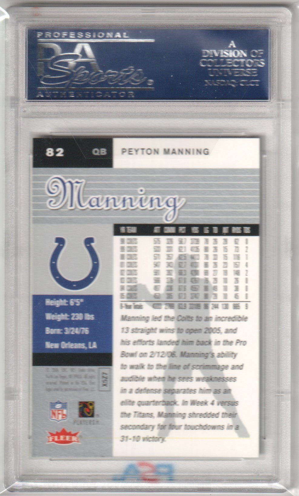 PEYTON MANNING 2006 Fleer Ultra 82 PSA 10 GEM MINT - COLTS - Columbia Hobby - Sports Card Boxes - Toploaders - Card Savers