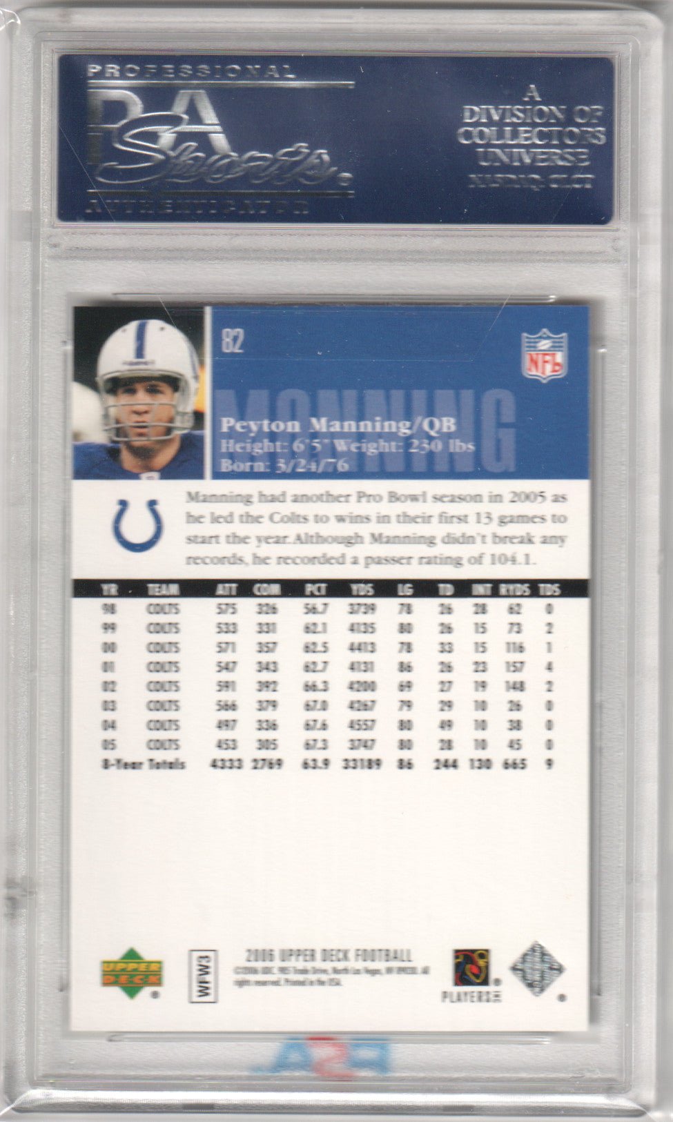 PEYTON MANNING 2006 Upper Deck 82 PSA 10 GEM MINT - COLTS - Columbia Hobby - Sports Card Boxes - Toploaders - Card Savers