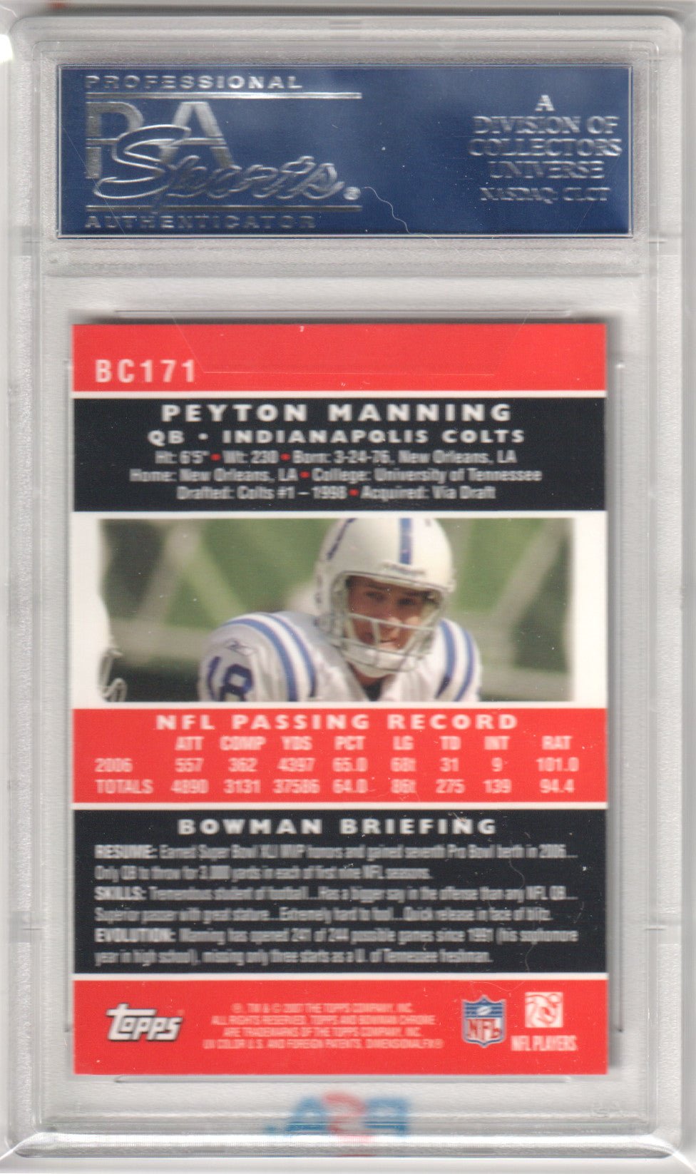 PEYTON MANNING 2007 Bowman Chrome BC171 PSA 10 GEM MINT - COLTS - Columbia Hobby - Sports Card Boxes - Toploaders - Card Savers