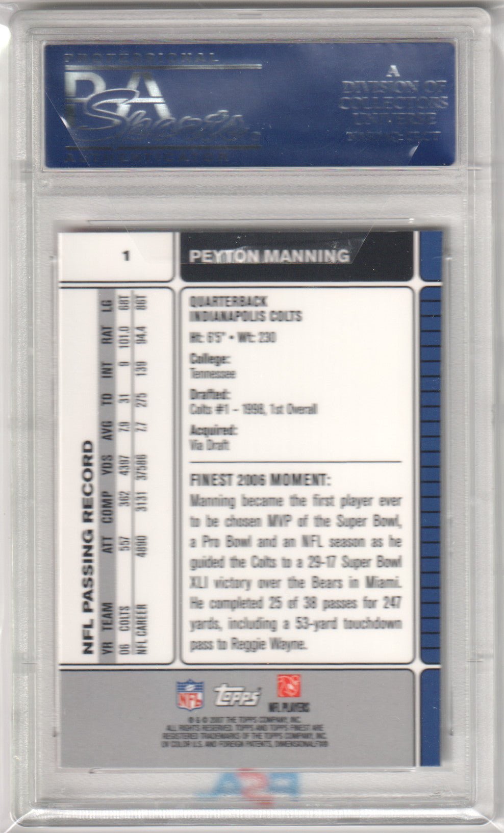 PEYTON MANNING 2007 Topps Finest 1 PSA 10 GEM MINT - COLTS - Columbia Hobby - Sports Card Boxes - Toploaders - Card Savers