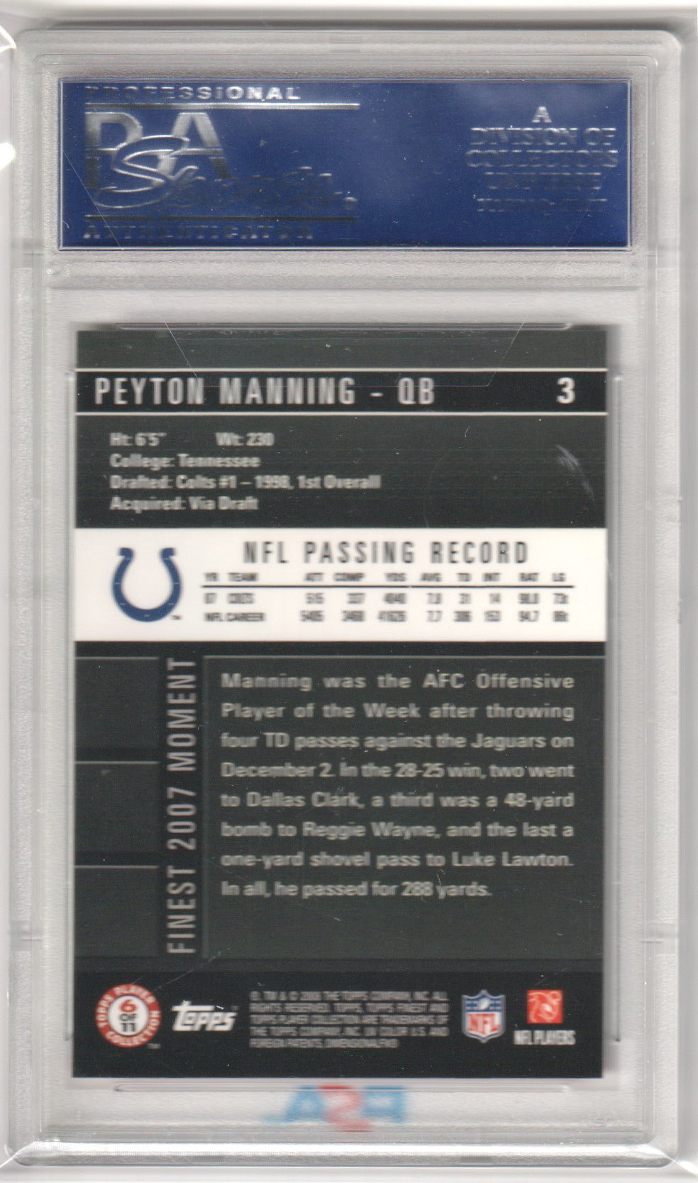 PEYTON MANNING 2008 Topps Finest 3 PSA 10 GEM MINT - COLTS - Columbia Hobby - Sports Card Boxes - Toploaders - Card Savers
