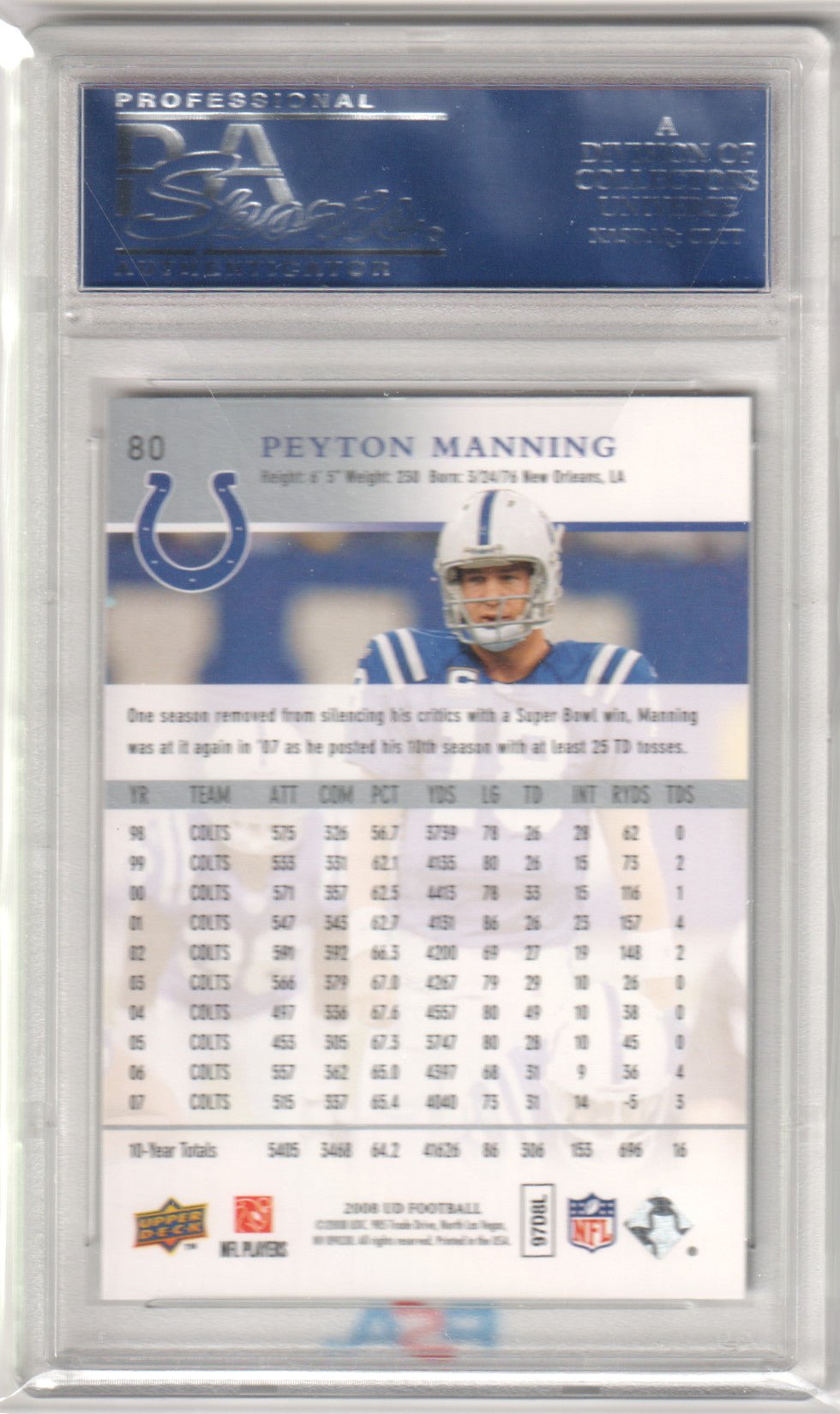 PEYTON MANNING 2008 Upper Deck 80 PSA 10 GEM MINT - COLTS - Columbia Hobby - Sports Card Boxes - Toploaders - Card Savers