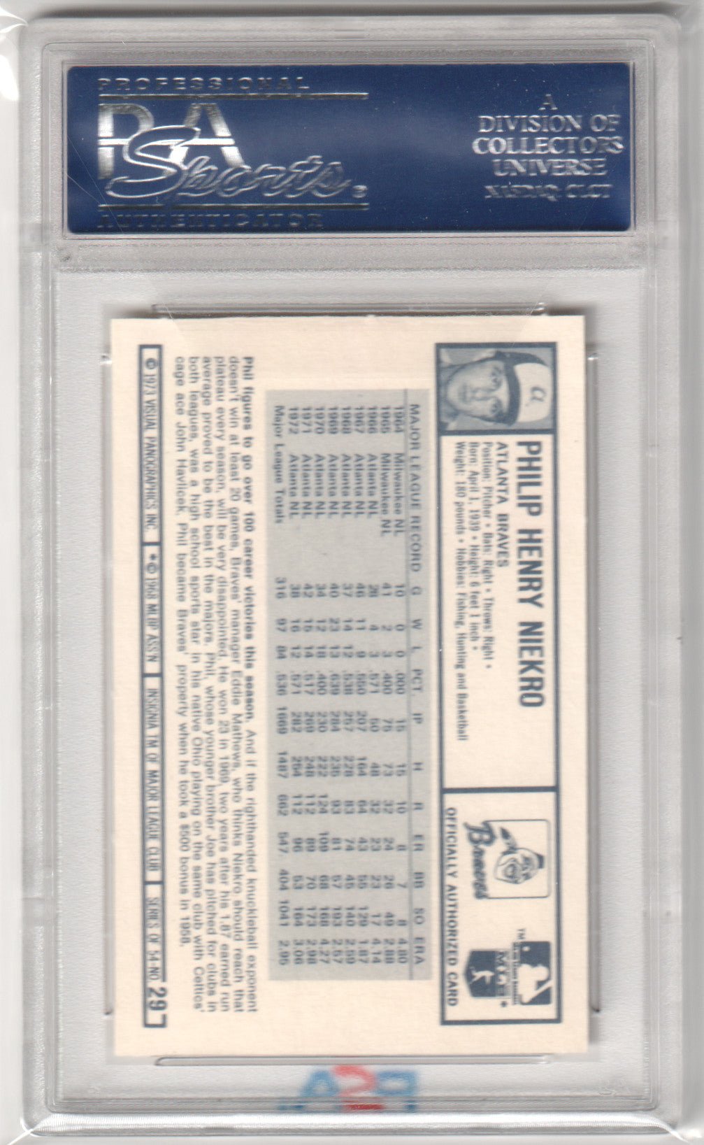 PHIL NIEKRO 1973 Kellogg's Pro Super Stars #29 PSA 10 GEM MINT - BRAVES - Columbia Hobby - Sports Card Boxes - Toploaders - Card Savers