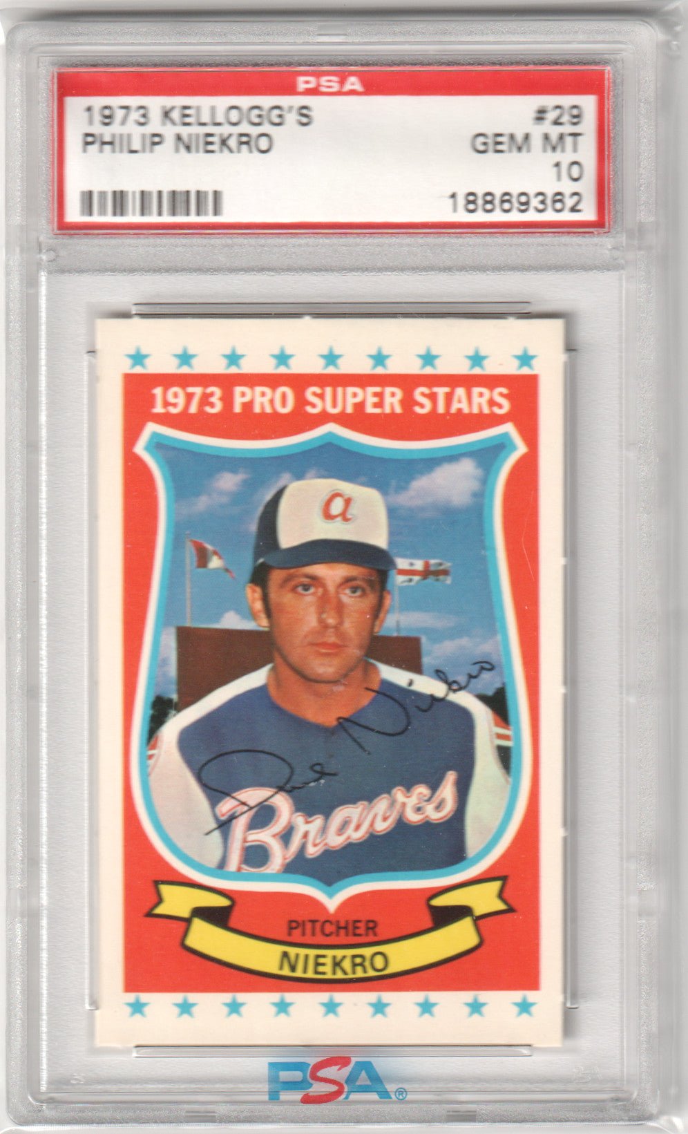 PHIL NIEKRO 1973 Kellogg's Pro Super Stars #29 PSA 10 GEM MINT - BRAVES - Columbia Hobby - Sports Card Boxes - Toploaders - Card Savers