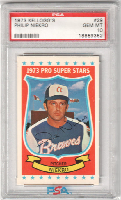 PHIL NIEKRO 1973 Kellogg's Pro Super Stars #29 PSA 10 GEM MINT - BRAVES - Columbia Hobby - Sports Card Boxes - Toploaders - Card Savers