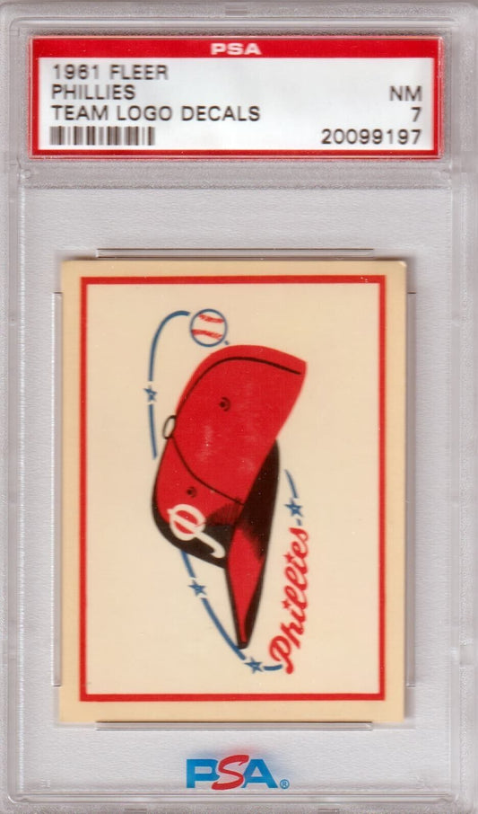 PHILADELPHIA PHILLIES 1961 Fleer Team Logo Decals PSA 7 NM - Columbia Hobby - Sports Card Boxes - Toploaders - Card Savers