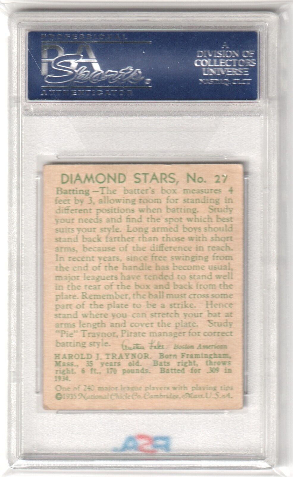 PIE TRAYNOR 1935 Diamond Stars #27 PSA 3 VG - PIRATES - Columbia Hobby - Sports Card Boxes - Toploaders - Card Savers