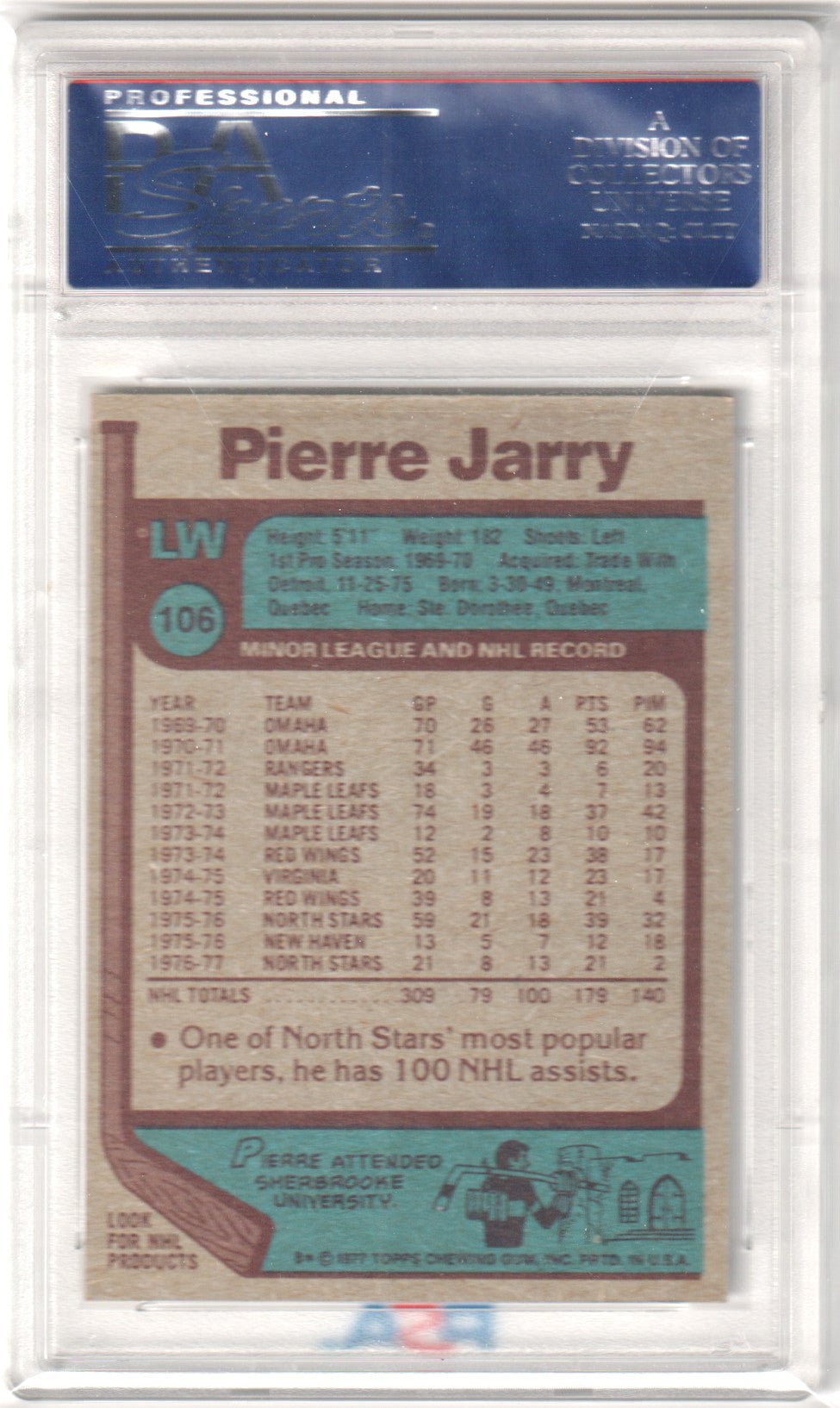 PIERRE JARRY 1977 Topps #106 PSA 5 EX - NORTH STARS - Columbia Hobby - Sports Card Boxes - Toploaders - Card Savers