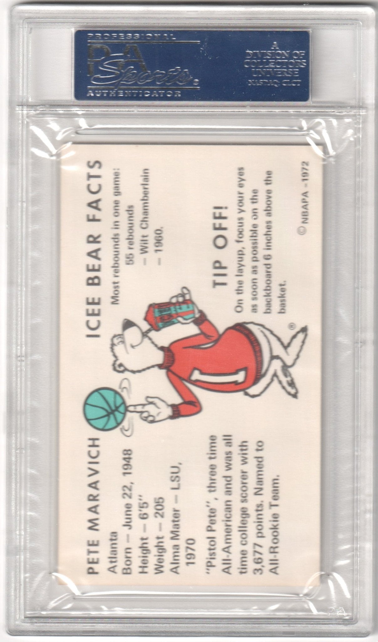 PISTOL PETE MARAVICH 1972 Icee Bear PSA 7.5 NM+ - HAWKS - Columbia Hobby - Sports Card Boxes - Toploaders - Card Savers
