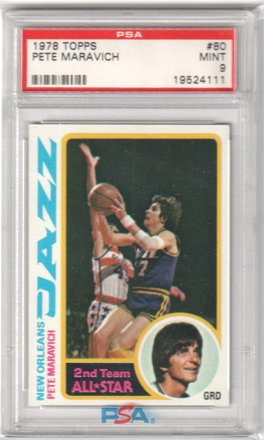 PISTOL PETE MARAVICH 1978 Topps #80 PSA 9 MINT - JAZZ - Columbia Hobby - Sports Card Boxes - Toploaders - Card Savers