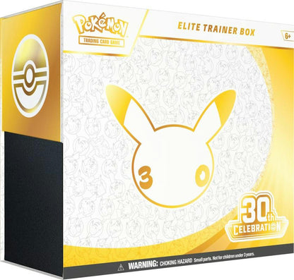 Pokemon TCG 30th Celebration Elite Trainer Box
Pokemon TCG 30th Celebration Elite Trainer Box contents
Pokemon 30th Celebration full-art foil Nidorina promo card
Pokemon TCG 30th Celebration Pikachu Rare card variations
Pokemon TCG 30th Celebration booster packs
Pokemon 30th Celebration Mewtwo ex Mew ex and Umbreon ex cards