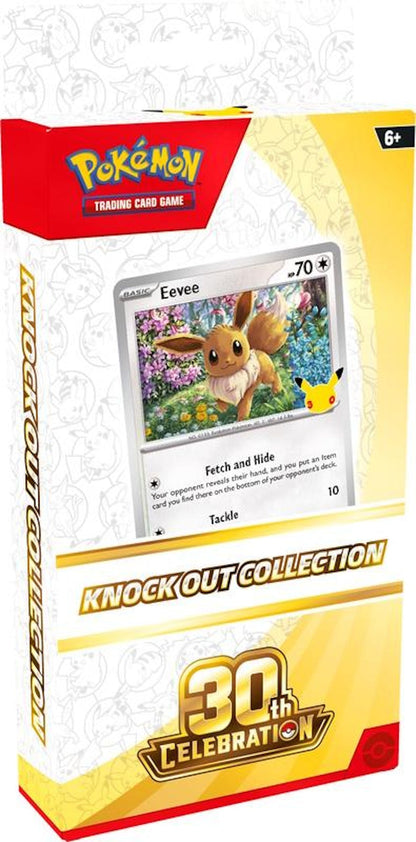 Pokemon TCG 30th Celebration Knock Out Collection Box
Pokemon 30th Celebration Knock Out Collection featuring Eevee
Pokemon TCG 30th Celebration foil Eevee card
Pokemon TCG 30th Celebration booster packs
Pokemon TCG 30th Celebration Knock Out Collection contents with Eevee card booster packs and coin