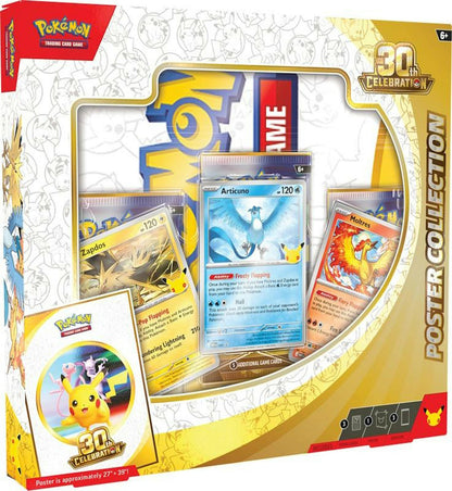 Pokemon TCG 30th Celebration Poster Collection Box
Pokemon 30th Celebration Articuno Zapdos and Moltres foil promo cards
Pokemon TCG 30th Celebration Articuno foil promo card
Pokemon TCG 30th Celebration Zapdos foil promo card
Pokemon TCG 30th Celebration Moltres foil promo card
Pokemon TCG 30th Celebration double-sided poster featuring over 160 cards
Pokemon TCG 30th Celebration booster packs