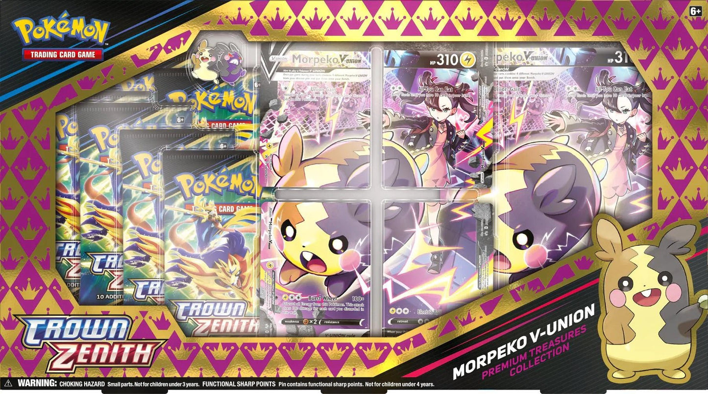 Pokemon Crown Zenith Premium Treasures Collection - Morpeko V - Union - Columbia Hobby - Sports Card Boxes - Toploaders - Card Savers