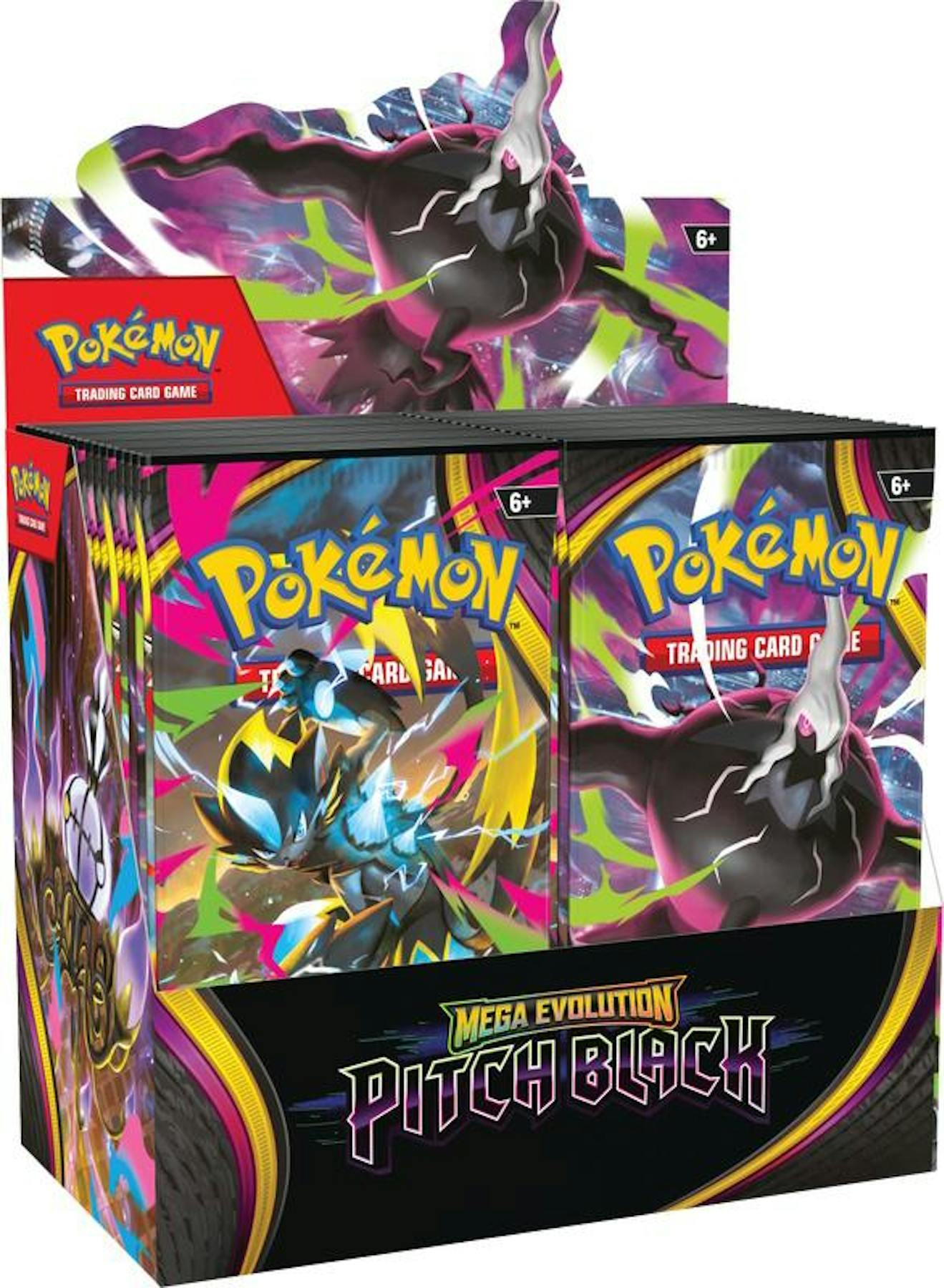 Pokémon TCG Mega Evolution Pitch Black Booster Box featuring 36 booster packs and Mega Darkrai ex artwork.
Back of the Pokémon TCG Mega Evolution Pitch Black Booster Box showing product details and box configuration.
Pokémon TCG Mega Evolution Pitch Black booster pack from the Booster Box.
Pokémon TCG Mega Evolution Pitch Black promotional artwork highlighting Mega Evolution Pokémon, Trainer cards, and special illustration rares.