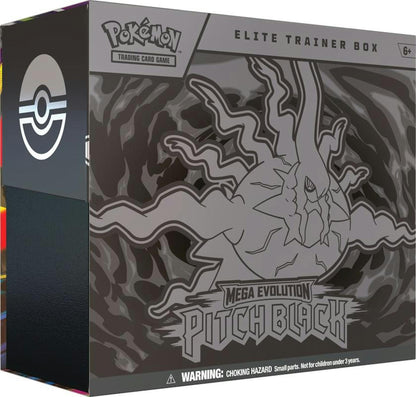 Pokémon TCG Mega Evolution Pitch Black Elite Trainer Box featuring 9 booster packs and a full-art Zarude promo card.
Back of the Pokémon TCG Mega Evolution Pitch Black Elite Trainer Box showing product contents and information.
Pokémon TCG Mega Evolution Pitch Black Elite Trainer Box contents including booster packs, sleeves, dice, energy cards, and accessories.
Pokémon TCG Mega Evolution Pitch Black Elite Trainer Box sealed retail packaging.