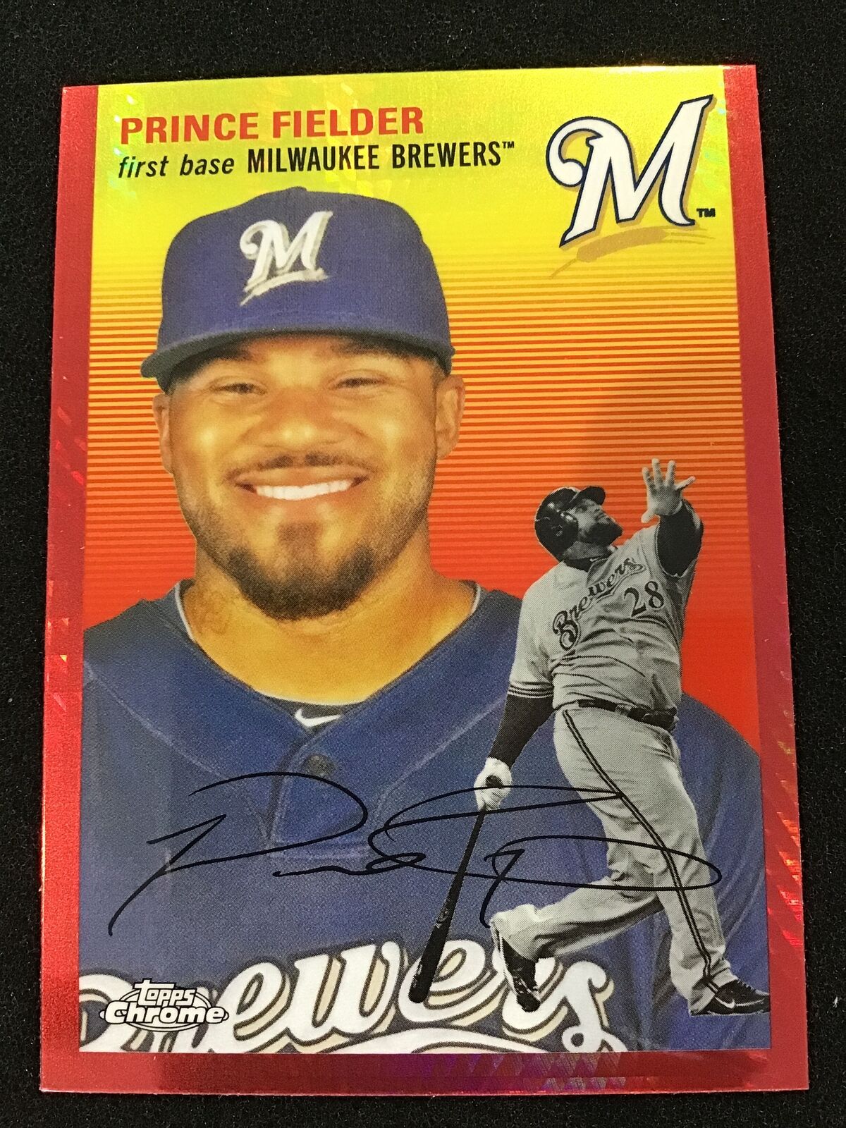 Prince Fielder 2023 Topps Chrome Platinum Anniversary 476 Red Prism SP Brewers - Columbia Hobby - Sports Card Boxes - Toploaders - Card Savers