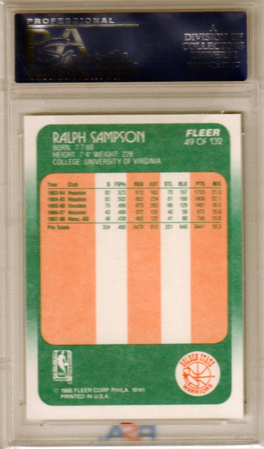 RALPH SAMPSON 1988 - 89 Fleer #49 PSA 10 GEM MINT - WARRIORS - Columbia Hobby - Sports Card Boxes - Toploaders - Card Savers