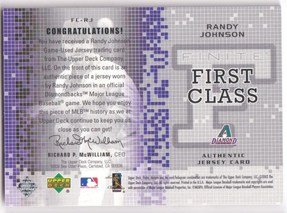 RANDY JOHNSON 2003 Upper Deck Finite First Class Game Used Jersey - DIAMONDBACKS - Columbia Hobby - Sports Card Boxes - Toploaders - Card Savers