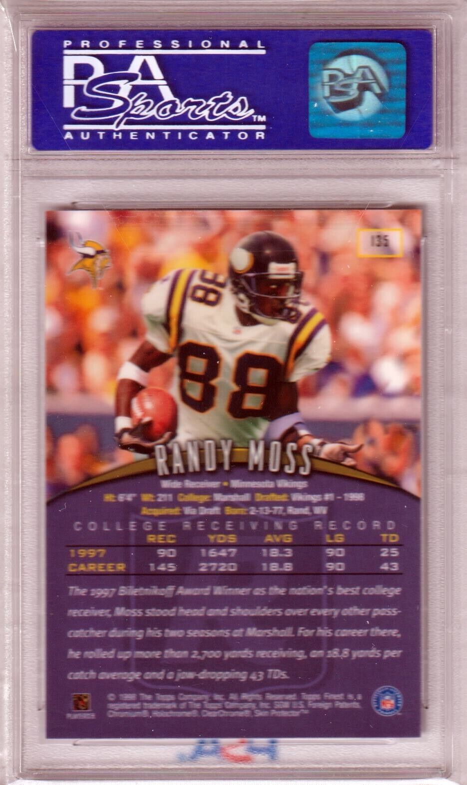 RANDY MOSS 1998 Toops Finest Rookie RC #/135 PSA 10 GEM MINT - VIKINGS - Columbia Hobby - Sports Card Boxes - Toploaders - Card Savers