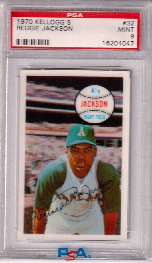 REGGIE JACKSON 1970 Kellogg's #32 PSA 9 MINT - ATHLETICS - Columbia Hobby - Sports Card Boxes - Toploaders - Card Savers