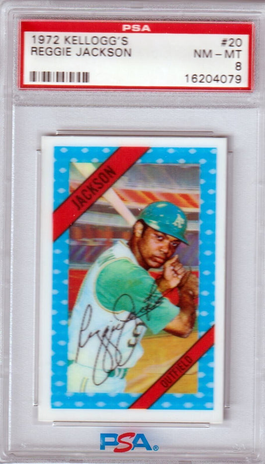 REGGIE JACKSON 1972 Kellogg's #20 PSA 8 NM - MT - ATHLETICS - Columbia Hobby - Sports Card Boxes - Toploaders - Card Savers