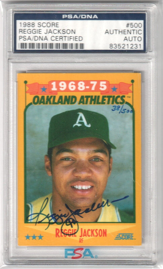REGGIE JACKSON 1988 Score Autograph Auto #500 PSA DNA Authentic - Columbia Hobby - Sports Card Boxes - Toploaders - Card Savers