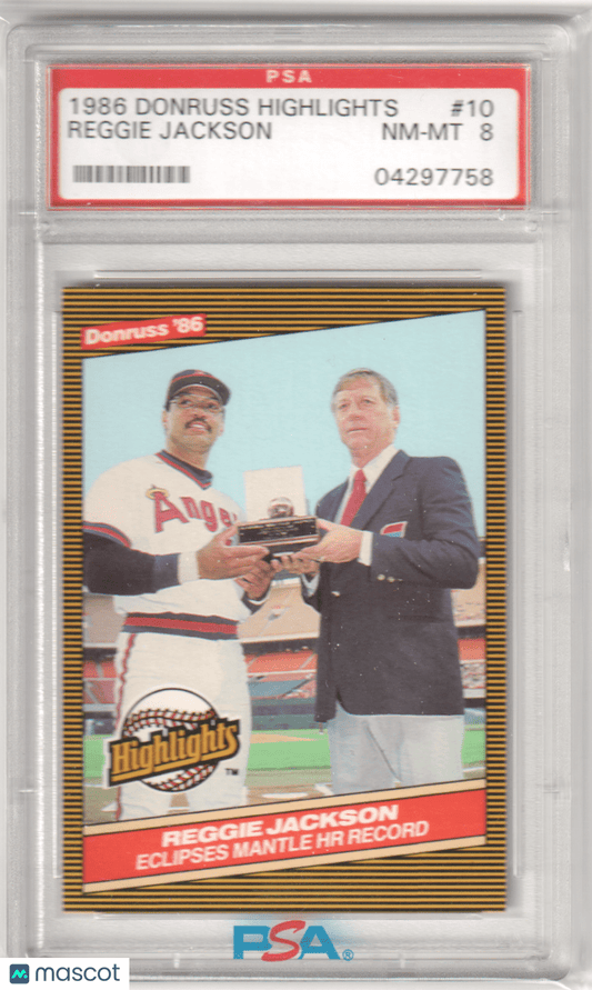 REGGIE JACKSON MANTLE 1986 Donruss Highlights #10 PSA 8 NM - YANKEES - Columbia Hobby - Sports Card Boxes - Toploaders - Card Savers