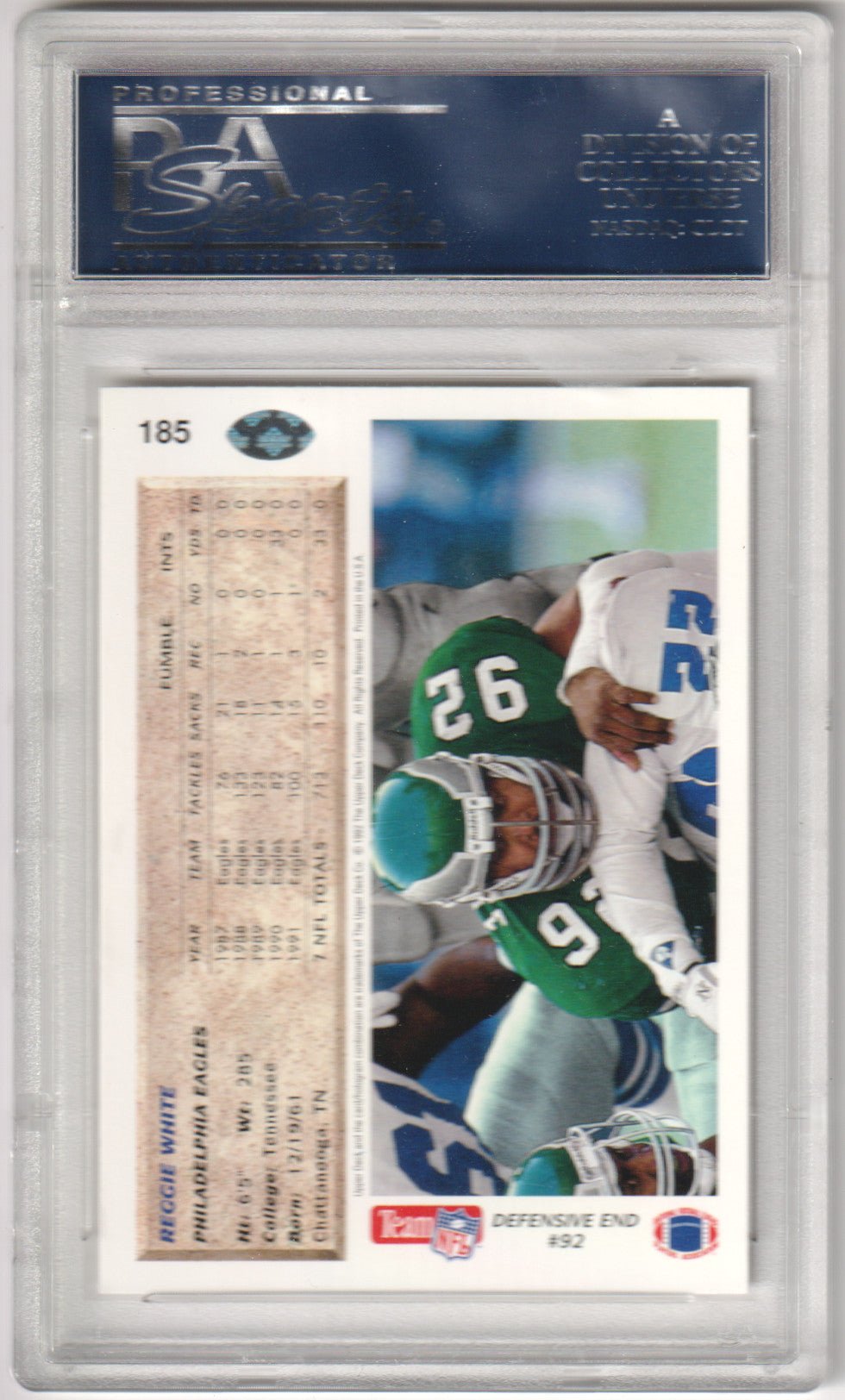 REGGIE WHITE 1992 Upper Deck 185 PSA 10 GEM MINT - EAGLES - Columbia Hobby - Sports Card Boxes - Toploaders - Card Savers