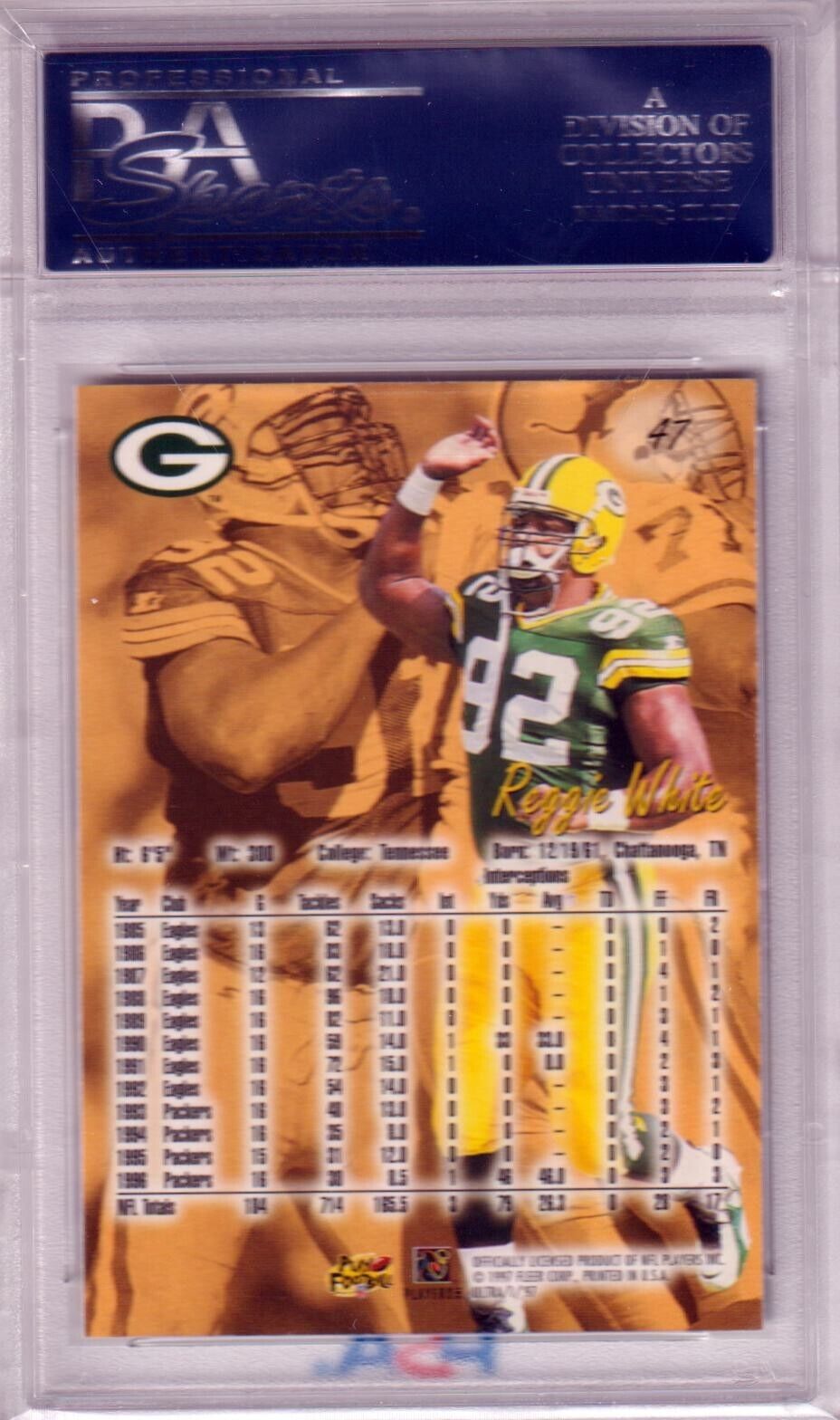 REGGIE WHITE 1997 Fleer Ultra HOF #47 PSA 10 GEM MINT - PACKERS - Columbia Hobby - Sports Card Boxes - Toploaders - Card Savers