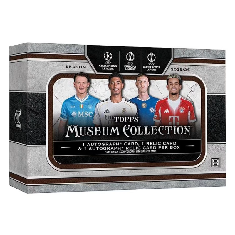 2025/26 Topps UEFA Club Competitions Museum Collection Soccer Hobby Box
2025/26 Topps UEFA Museum Collection base soccer cards
2025/26 Topps UEFA Museum Roll of Honor insert card
2025/26 Topps UEFA Museum Collection Archival Autograph card
2025/26 Topps UEFA Museum Collection Rookie Autograph card
2025/26 Topps UEFA Museum Collection Framed Autograph card
2025/26 Topps UEFA Museum Collection Archival Dual Autograph card
2025/26 Topps UEFA Museum Collection memorabilia relic card
2025/26 Topps UEFA Museum Co