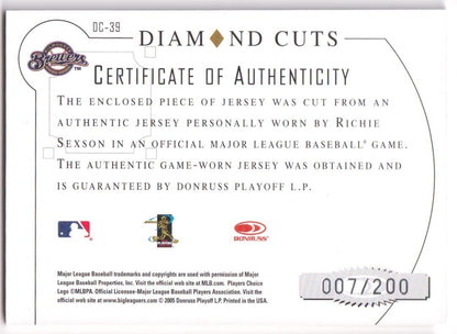 RICHIE SEXSON 2005 Donruss Diamond Kings Game Used Jersey #/200 - BREWERS - Columbia Hobby - Sports Card Boxes - Toploaders - Card Savers