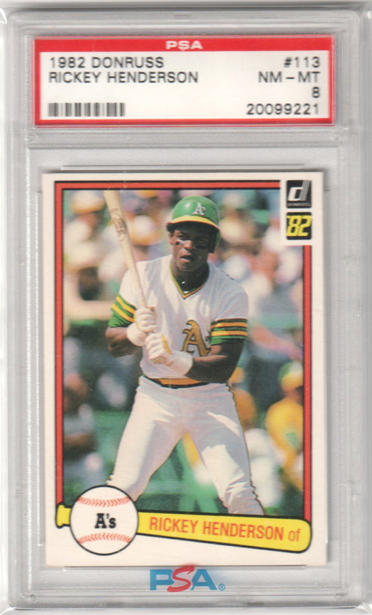 RICKEY HENDERSON 1982 Donruss #113 PSA 8 NM - MT - ATHLETICS - Columbia Hobby - Sports Card Boxes - Toploaders - Card Savers