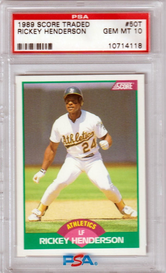 RICKEY HENDERSON 1989 Score Traded #50T PSA 10 GEM MINT - ATHLETICS - Columbia Hobby - Sports Card Boxes - Toploaders - Card Savers