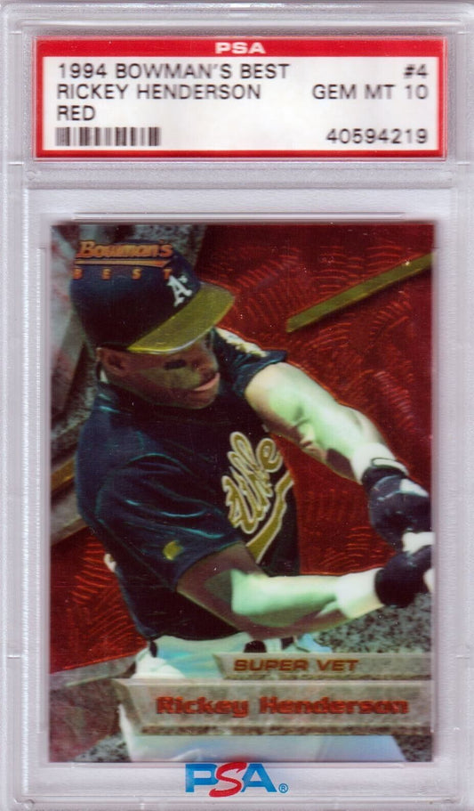 RICKEY HENDERSON 1994 Bowman's Best Red #4 PSA 10 GEM MINT - ATHLETICS - Columbia Hobby - Sports Card Boxes - Toploaders - Card Savers