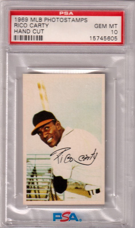 RICO CARTY 1969 MLB Photostamps PSA 10 GEM MINT - BRAVES - Columbia Hobby - Sports Card Boxes - Toploaders - Card Savers