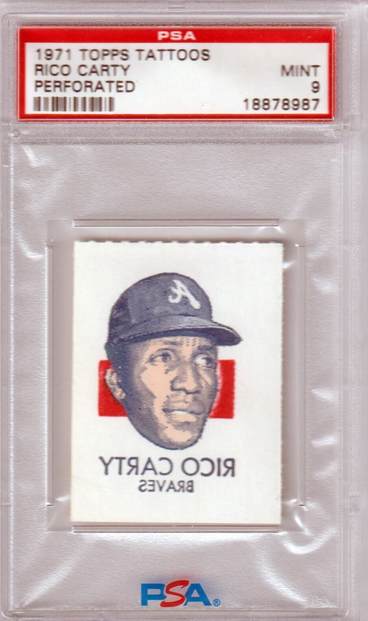 RICO CARTY 1971 Topps Tattoos PSA 9 MINT - BRAVES - Columbia Hobby - Sports Card Boxes - Toploaders - Card Savers