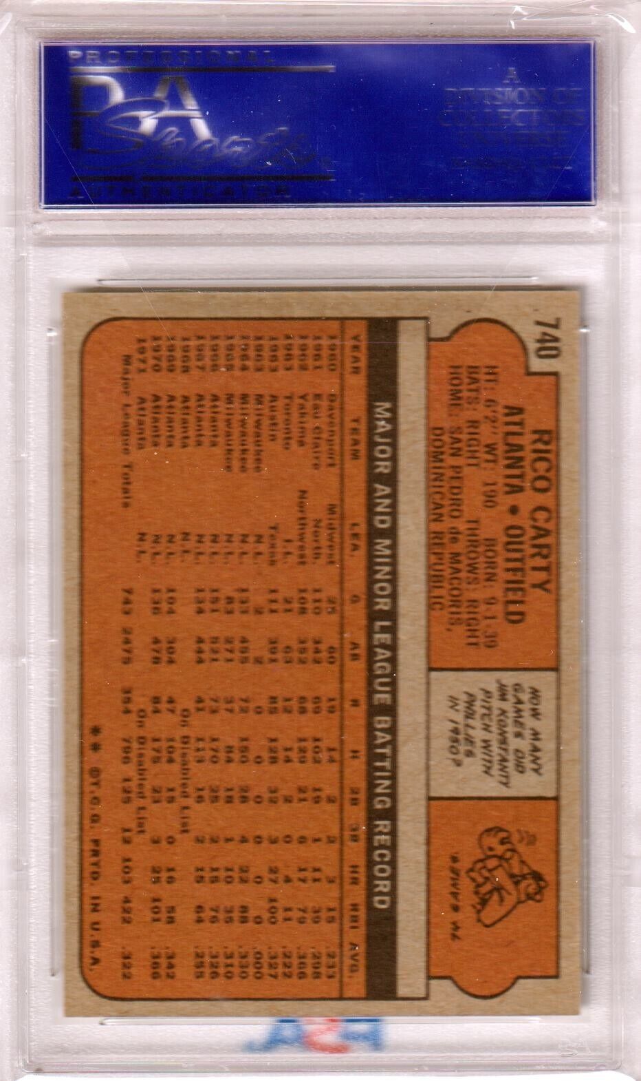 RICO CARTY 1972 Topps #740 PSA 9 MINT - BRAVES - Columbia Hobby - Sports Card Boxes - Toploaders - Card Savers