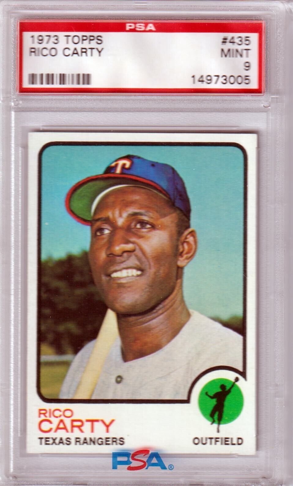 RICO CARTY 1973 Topps #435 PSA 9 MINT - RANGERS - Columbia Hobby - Sports Card Boxes - Toploaders - Card Savers